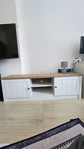 White TV Unit with Oak Top — 2 Doors, Central Shelves up to 65 inch tv