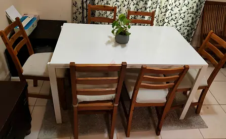 White dining table with six wooden chairs - used, good condition