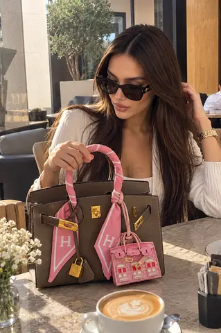 Taupe Handbag with Pink Scarf & Charm | Women’s Large Bag