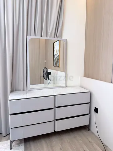 Modern Glossy 6-Drawer Dresser with Mirror - Light Grey