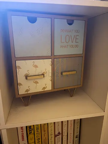 Tiny 4-Drawer Wooden Storage Unit — Light Beige with Flamingo Design