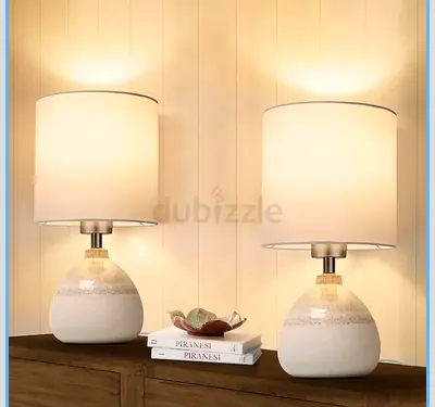 Pair of Ceramic Bed Side Table Lamps with Fabric Shades - Beige