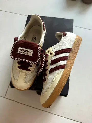 Adidas wales bonner pony hair limited edition Samba style sneakers with burgandy  stripes, size 36