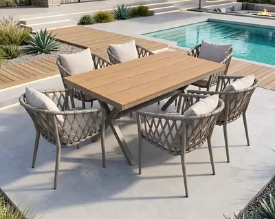 6-seater Outdoor Dining Set with cushions — modern rope weave chairs & wooden top table
