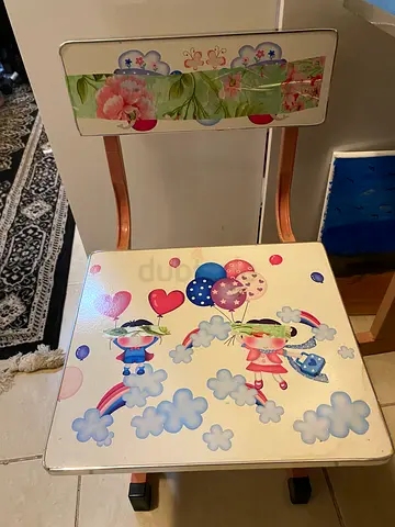 Kids Wooden table and Chair with Cute Cartoon Design - Good Condition