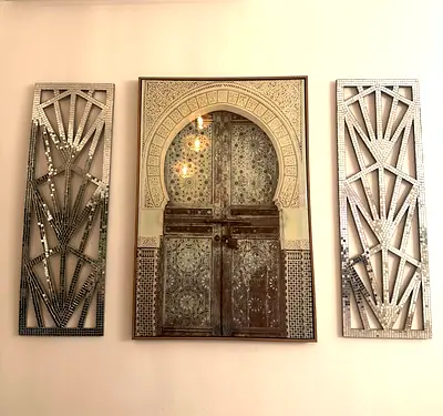 Framed Moroccan Door Print with Mirrored Wall Panels - Set of 3