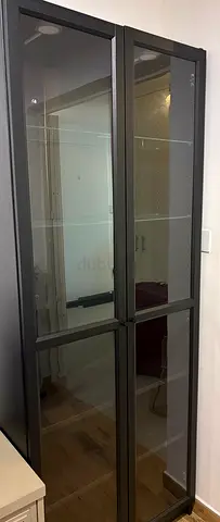 Tall IKEA glass display cabinet, with lights, dark frame, 80x205cm