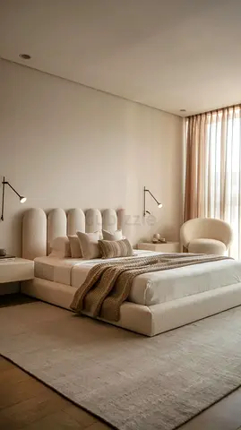 Modern upholstered platform bed with headboard - beige king