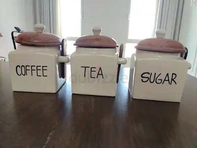 Set of 3 Ceramic Coffee, Tea & Sugar Jars with Wooden Lids