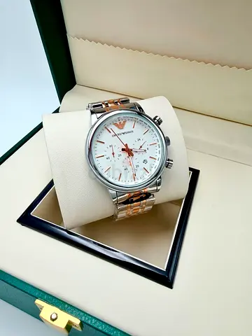Emporio Armani men's chronograph watch - silver/rose gold bracelet, white dial