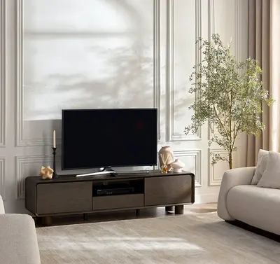 Dark wood TV entertainment unit with storage drawer
