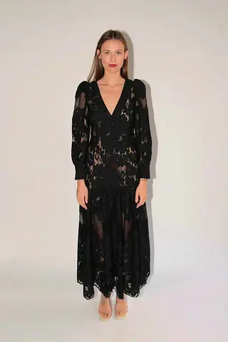 Helsa hook Black Lace Long Sleeve V-neck Maxi Dress - Size Unknown