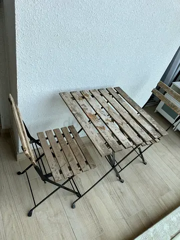 Wooden Slat Bistro Table and 2 Folding Chairs - Weathered Finish
