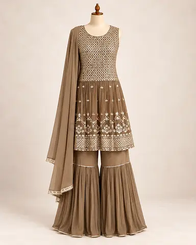 Brand New Brown Embroidered Sharara Suit with Dupatta