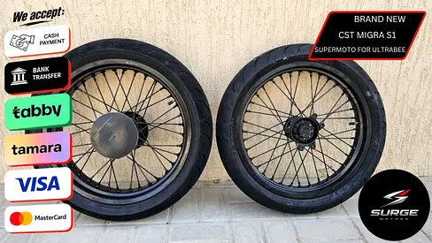 SURRON BRAND NEW 17 INCH ULTRABEE FULL BLACK SUPERMOTO SET (CST MIGRA S1 TYRES, 140 WIDE REAR)