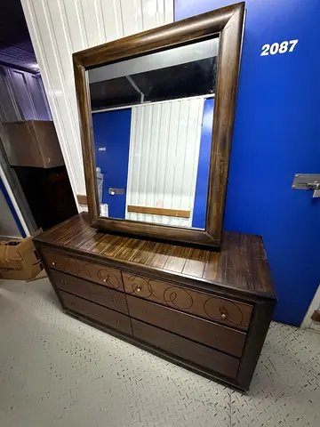 Wooden Dresser with Large Mirror - Solid Dark Finish, Good Condition