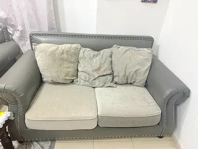 Comfortable Grey Leather & Fabric Sofa Set - Excellent Condition | Ajman