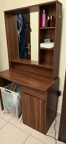 Wood Finish Dressing Table with Mirror and Storage