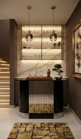 Modern black glass bar cabinet with mirror details.