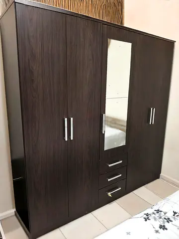 Dark Wood 5-Door Wardrobe with Mirror and Drawers