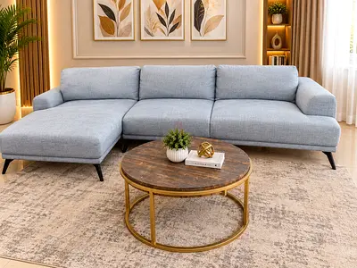 Light Grey L-Shaped Fabric Sofa with Chaise - Modern, Good Condition