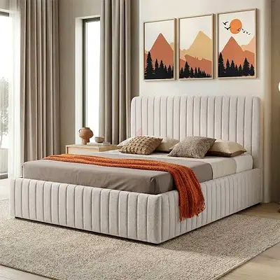 Upholstered Double Bed with Headboard and Storage - Light Beige