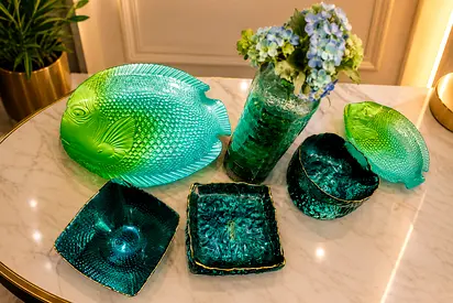 Set of decorative green/teal glass bowls and trays (6 pieces)