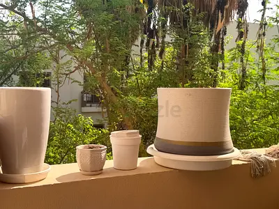 Set of 4 assorted plant pots with saucers - good condition