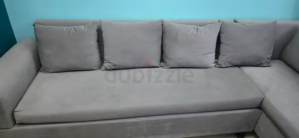 Grey L-shaped Fabric Sofa with Removable Cushions - Good Condition