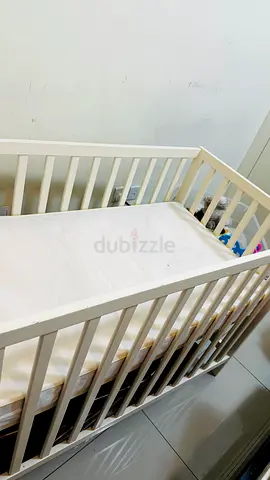 White Wooden Baby Crib with Mattress - Good Condition