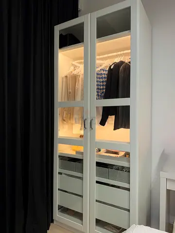 IKEA PAX Wardrobe with Glass Doors and Interior Lighting - White, Good Condition