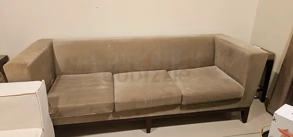 Urgent Sale - 3-Seater Beige Fabric Sofa with Wooden Legs - Good Condition
