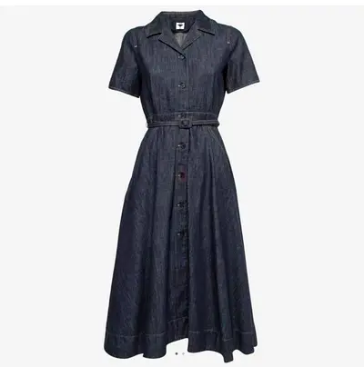 Dior Denim button-down midi dress with belt, short sleeves