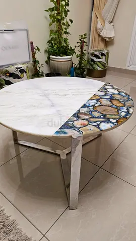 Round Marble Top Coffee Table (White & Patterned Inlay) - Good Condition