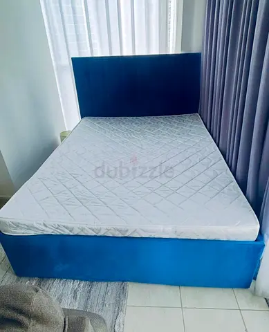 Blue upholstered double bed frame with mattress 150x190cm perfect condition
