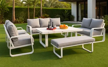 Luxury White Aluminum 9 seater Outdoor Garden Sofa Set with Big Table - Grey Cushions