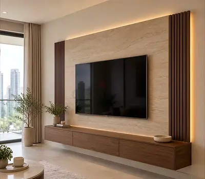 Wall-mounted modern entertainment unit with TV panel and floating cabinet