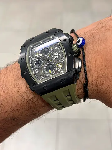 Sporty square chronograph men's wristwatch with green rubber strap