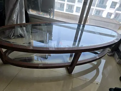 Oval Glass Top Coffee Table with Wooden Frame — Good Used Condition