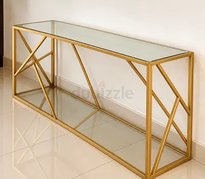 Gold Metal Console Table with Glass Top and Lower Shelf