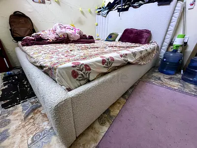 King size upholstered bed with mattress - cream boucle fabric length - 1.96 m and width 1.86 m
