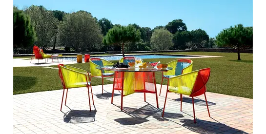 x9 pcs ROCHE BOBOIS Traveler Outdoor garden set, x5 armchairs and dining table, lounge chair, armcha
