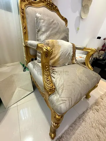 Ornate Gold-Frame Accent Armchair with Silver Upholstery