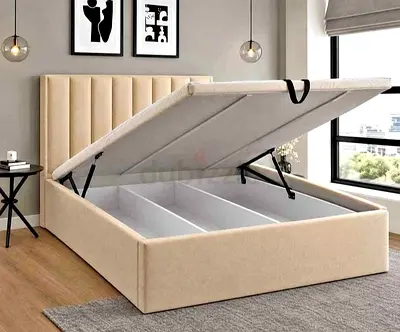 Beige Storage Bed with Vertical Channel Headboard - Queen/King Option