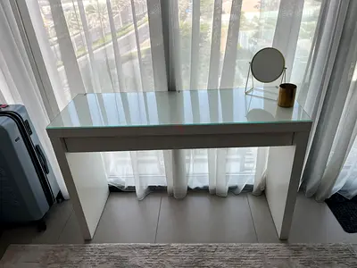 White console table with glass top - good condition