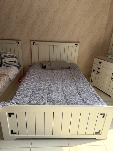 2 Solid wood single beds frame with matching bedside table - light cream-studying desk- 1 cabinet