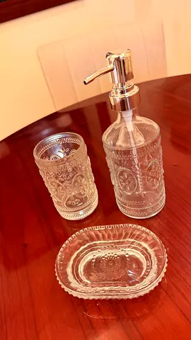 Glass bathroom accessories set - soap dispenser, tumbler & dish