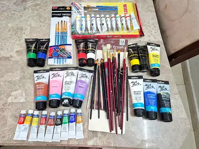 Assorted acrylic paints, brushes and art supplies - bundle