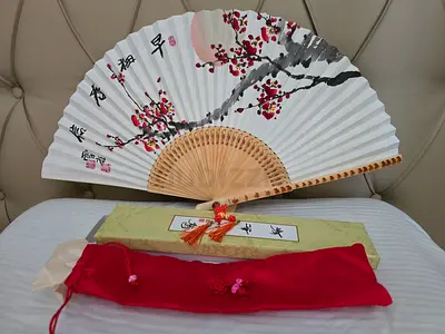 Vintage Bamboo Wood Hand Fan with Box 30cm
