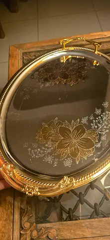Ornate Gold Oval Mirrored Serving Tray with Handles (40cm / 16") – Etched Floral Design